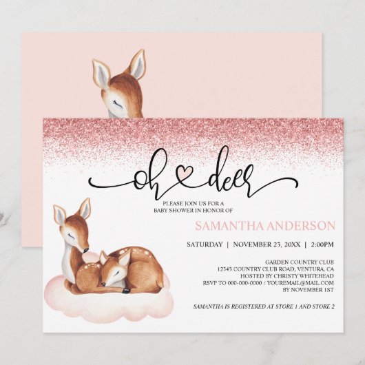 Invitation Oh Deer Baby shower aquarelle Parties scintillant (Devant / Derrière)