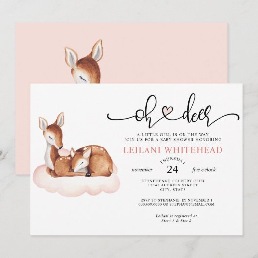 Invitation Oh Deer Baby shower aquarelle rose nuage (Devant / Derrière)