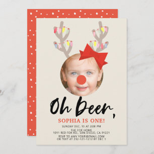Invitation Oh Deer Beige & Red Holiday Photo 1er Anniversaire