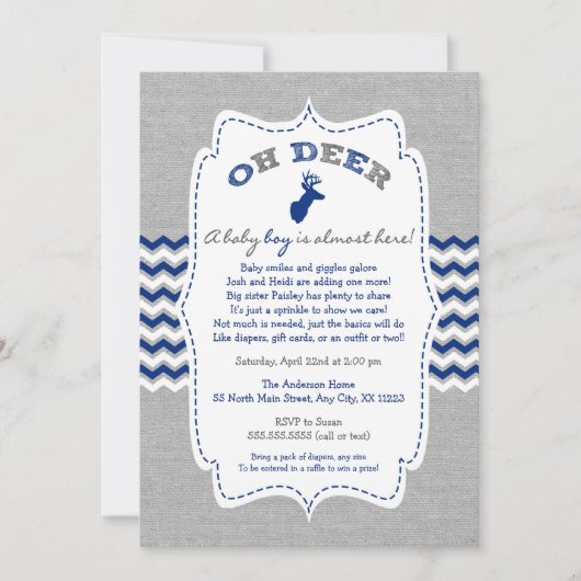 Invitation Oh Deer Buck Baby Sprinkle marine gris blanc (Devant)