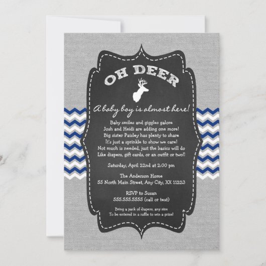 Invitation Oh Deer Buck Buck Bébé Saupoudrer marine gris blan (Devant)