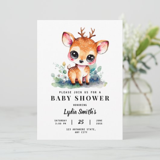 Invitation Oh Deer Girl Baby shower bébé fille Douche verdure (Debout devant)