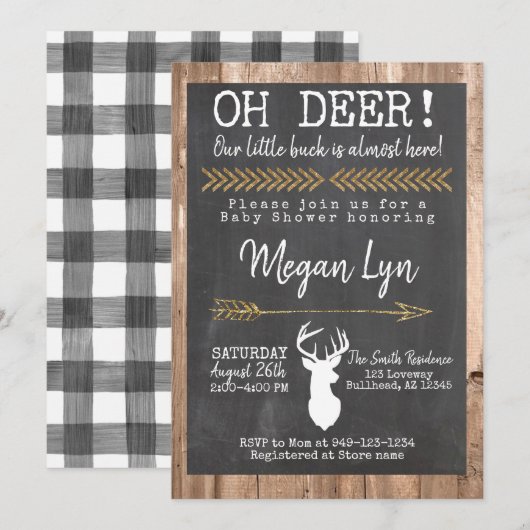 Invitation OH Deer ! Little Buck Buffalo Plaid Baby shower (Devant / Derrière)