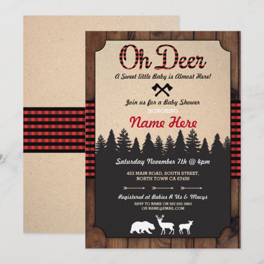 Invitation Oh Deer Lumberjack Red Baby shower garçon fille In (Devant / Derrière)