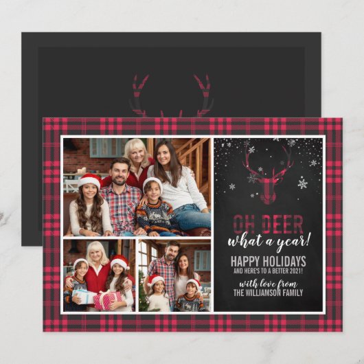 Invitation Oh Deer Quelle Année ! | Red Plaid 3 Photo Christm (Devant / Derrière)