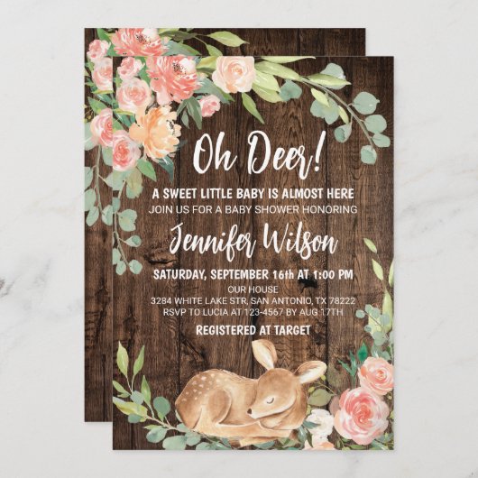 Invitation Oh Deer Rustic Boho Baby shower Floral (Devant / Derrière)