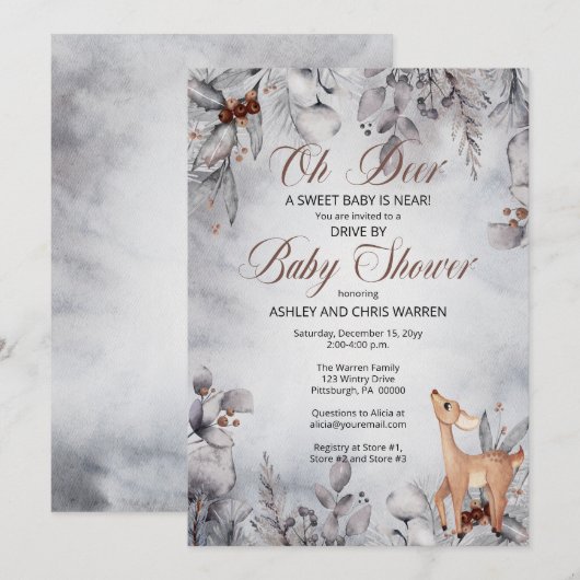 Invitation Oh Deer Rustic Winter Floral Drive Par Baby shower (Devant / Derrière)