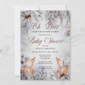 Invitation Oh Deer Rustic Winter Floral Twins Baby shower dan (Devant)