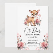 Invitation Oh Deer Watercolor Rose fête d'anniversaire (Devant / Derrière)