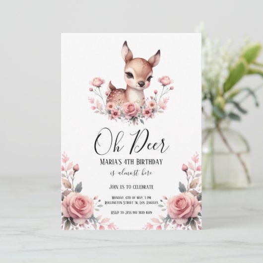 Invitation Oh Deer Watercolor Rose fête d'anniversaire (Debout devant)