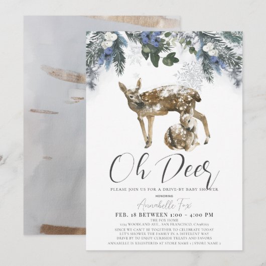 Invitation Oh Deer Winter Foliing & Blueberries Baby shower (Devant / Derrière)