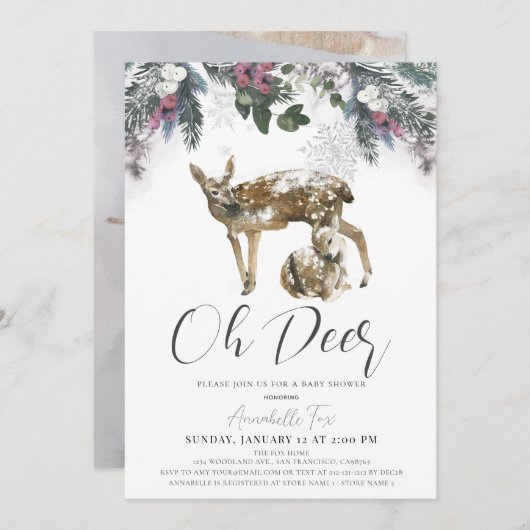 Invitation Oh Deer Winter Foliing & Red Berries Baby shower (Devant / Derrière)