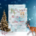 Invitation Oh Deer Woodland Animaux Winter Boy Baby shower<br><div class="desc">"Oh cerf,  un bébé doux est proche !" animaux de forêt de bois — faon de cerfs et oiseaux avec une branche d'arbre à feuillage persistant et des baies rouges parmi la chute de neige — conception de Baby shower.</div>