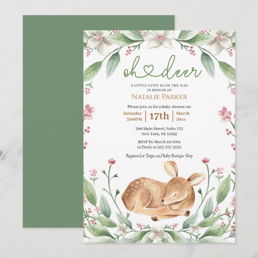 Invitation Oh Deer Woodland Baby shower de verdure fleurie (Devant / Derrière)