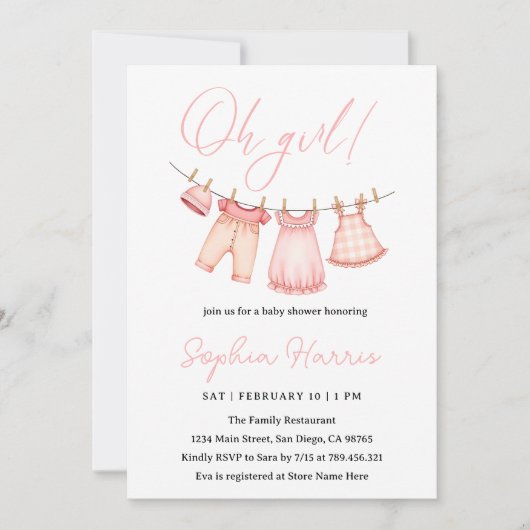 Invitation Oh fille Baby shower rose (Devant)
