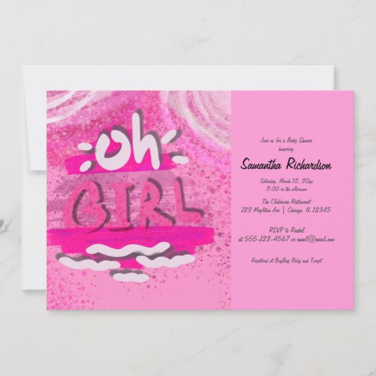 Invitation "OH FILLE" | Calligraphie rose bébé fille douche (Devant)
