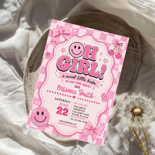 Invitation Oh Fille Rose Carreaux Visage Heureux Nœud Fête de