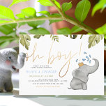 Invitation Oh garçon Aquarelle Baby shower d'arrosage d'éléph<br><div class="desc">Un invitation baby shower moderne pour des événements à thème jungle ou éléphant ! L'avant affiche "oh boy !" en lettres dorées avec les détails de votre fête ci-dessous. A droite, un éléphant aquarelle peint à la main, portant une petite couronne d'or et arrosant sur lui-même. Au sommet, on trouve...</div>