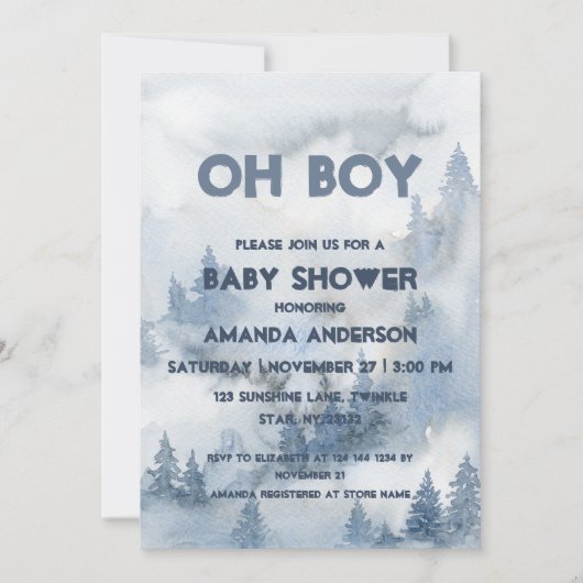 Invitation Oh Garçon aquarelle Dusty Blue Winter Forest Garço (Devant)