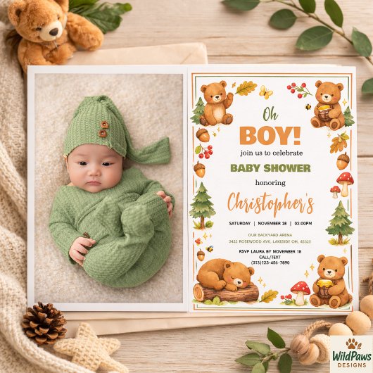 Invitation Oh Garçon Aquarelle Ours de la Forêt Baby Shower