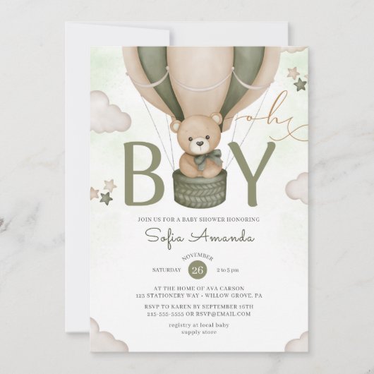Invitation Oh Garçon Aquarelle Teddy Ours Baby shower vert (Devant)