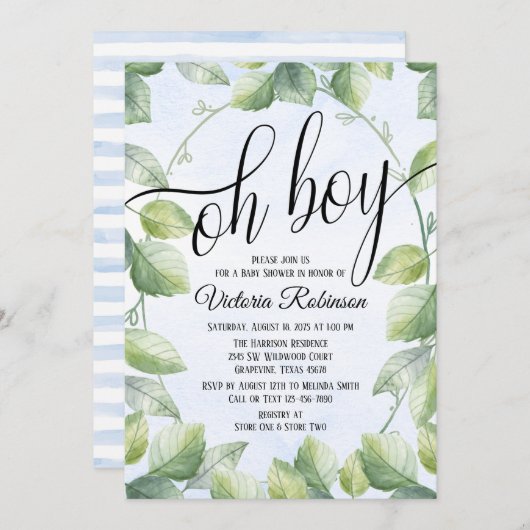 Invitation Oh Garçon Aquarelle Verdure Baby shower garçon (Devant / Derrière)