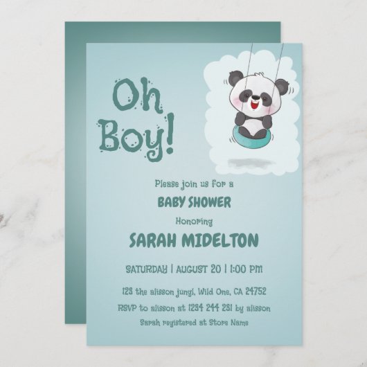 Invitation oh garçon baby shower bleu panda (Devant / Derrière)