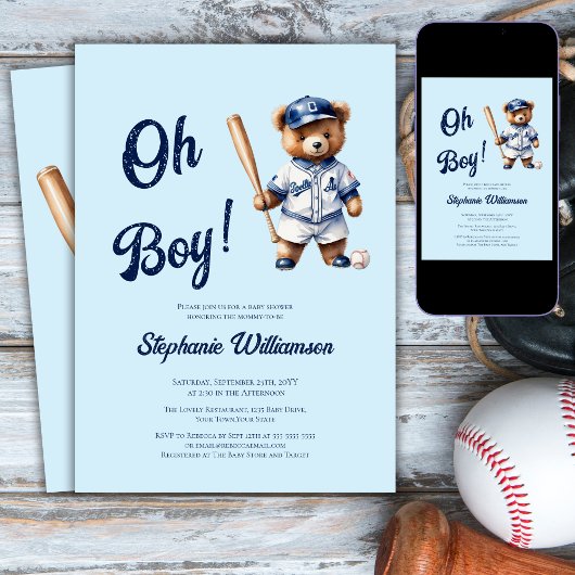 Invitation Oh garçon Baby shower de baseball mignon ours