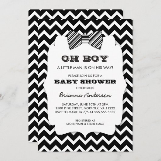 Invitation OH GARÇON baby shower de cravate Bow / chevron noi (Devant / Derrière)