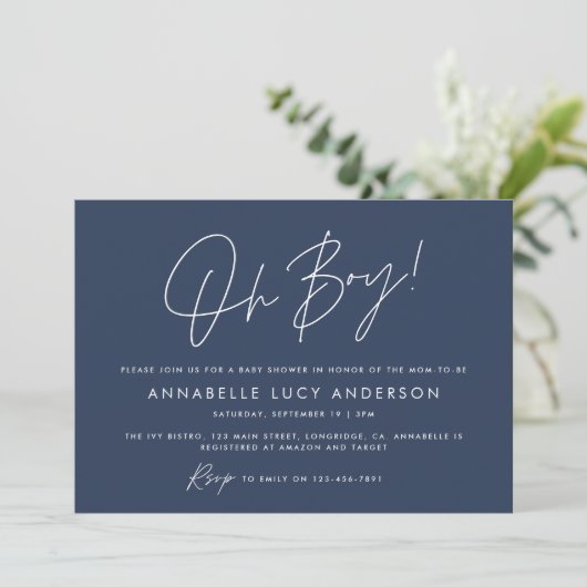 Invitation oh garçon Baby shower script marine moderne bleu b (Debout devant)