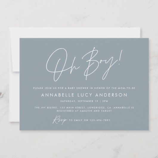 Invitation oh garçon Baby shower script moderne bleu boho (Devant)