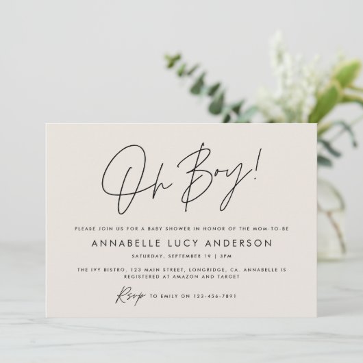 Invitation oh garçon Baby shower script moderne crème boho (Debout devant)