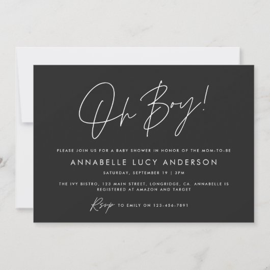 Invitation oh garçon Baby shower script moderne noir boho (Devant)