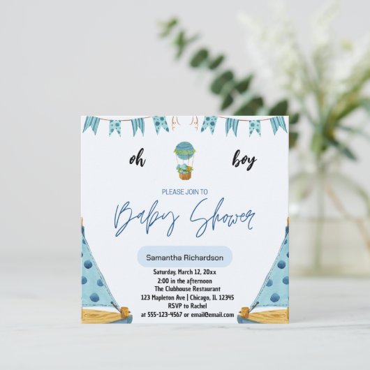 Invitation Oh Garçon Ballon d'air bleu bébé (Debout devant)
