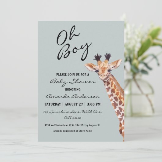 Invitation Oh garçon bébé Baby shower de girafe (Debout devant)