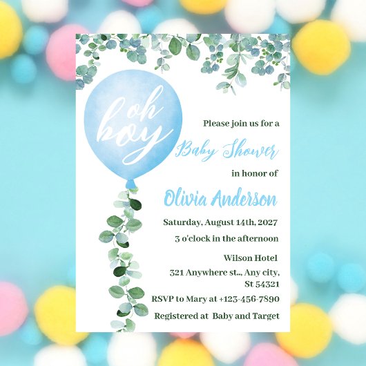 Invitation Oh garçon, Bleu Ballons et Baby shower à thème de