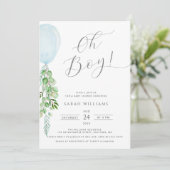 Invitation Oh garçon Bleu Balloon Baby shower Eucalyptus (Debout devant)