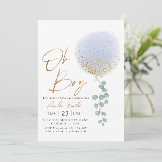Invitation Oh garçon Bleu Balloon Baby shower Eucalyptus (Debout devant)