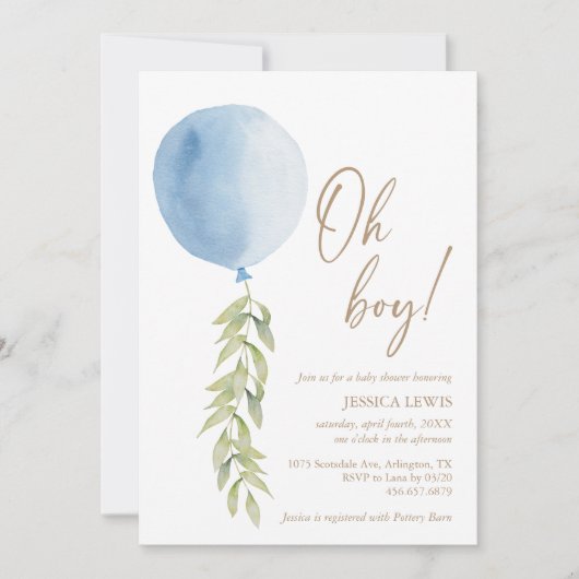Invitation Oh garçon Bleu Balloon Eucalyptus Baby shower de f (Devant)
