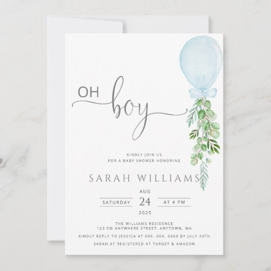 Invitation Oh Garçon Bleu Balloon Eucalyptus Baby shower Invi (Devant)