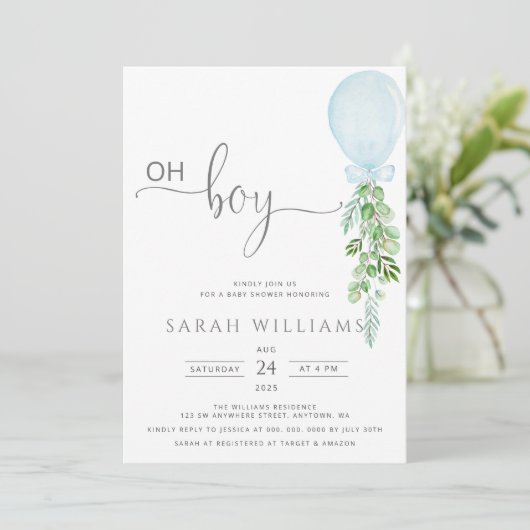 Invitation Oh Garçon Bleu Balloon Eucalyptus Baby shower Invi (Debout devant)
