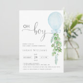 Invitation Oh Garçon Bleu Balloon Eucalyptus Baby shower Invi (Debout devant)