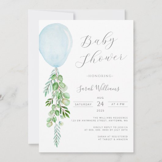 Invitation Oh Garçon Bleu Balloon Eucalyptus Baby shower Invi (Devant)