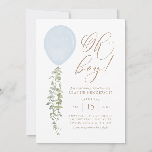 Invitation Oh Garçon Bleu Balloon Eucalyptus Baby shower Invi (Devant)