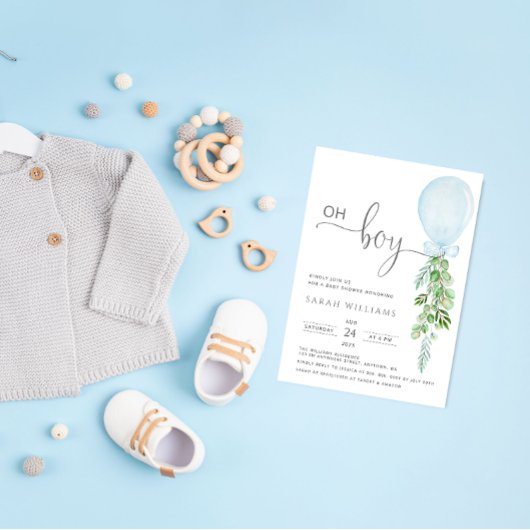 Invitation Oh Garçon Bleu Balloon Eucalyptus Baby shower Invi