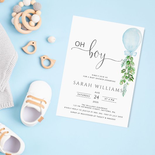 Invitation Oh Garçon Bleu Balloon Eucalyptus Baby shower Invi