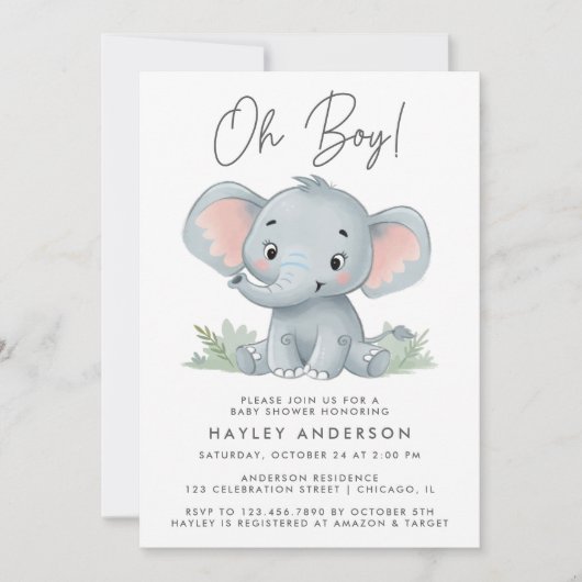 Invitation Oh garçon bleu bébé Baby shower éléphant (Devant)