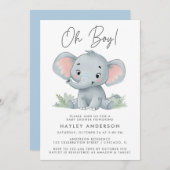 Invitation Oh garçon bleu bébé Baby shower éléphant (Devant / Derrière)