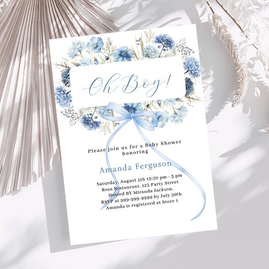 Invitation Oh garçon bleu boucles arc Baby shower