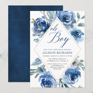 Invitation Oh garçon bleu marine élégant floral baby shower g